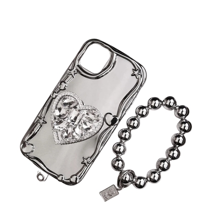 iPhone  Cover - Silver - 3D Electroplated Crystal Heart Shiny Mirror Case With Wrist Holder