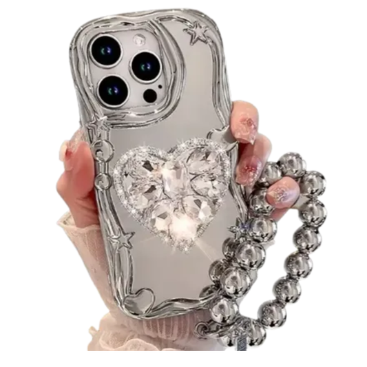 iPhone  Cover - Silver - 3D Electroplated Crystal Heart Shiny Mirror Case With Wrist Holder