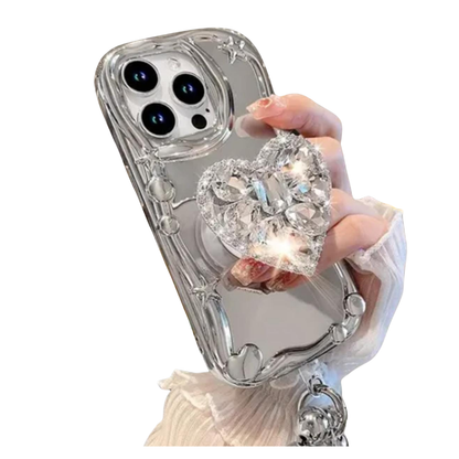 iPhone  Cover - Silver - 3D Electroplated Crystal Heart Shiny Mirror Case With Wrist Holder